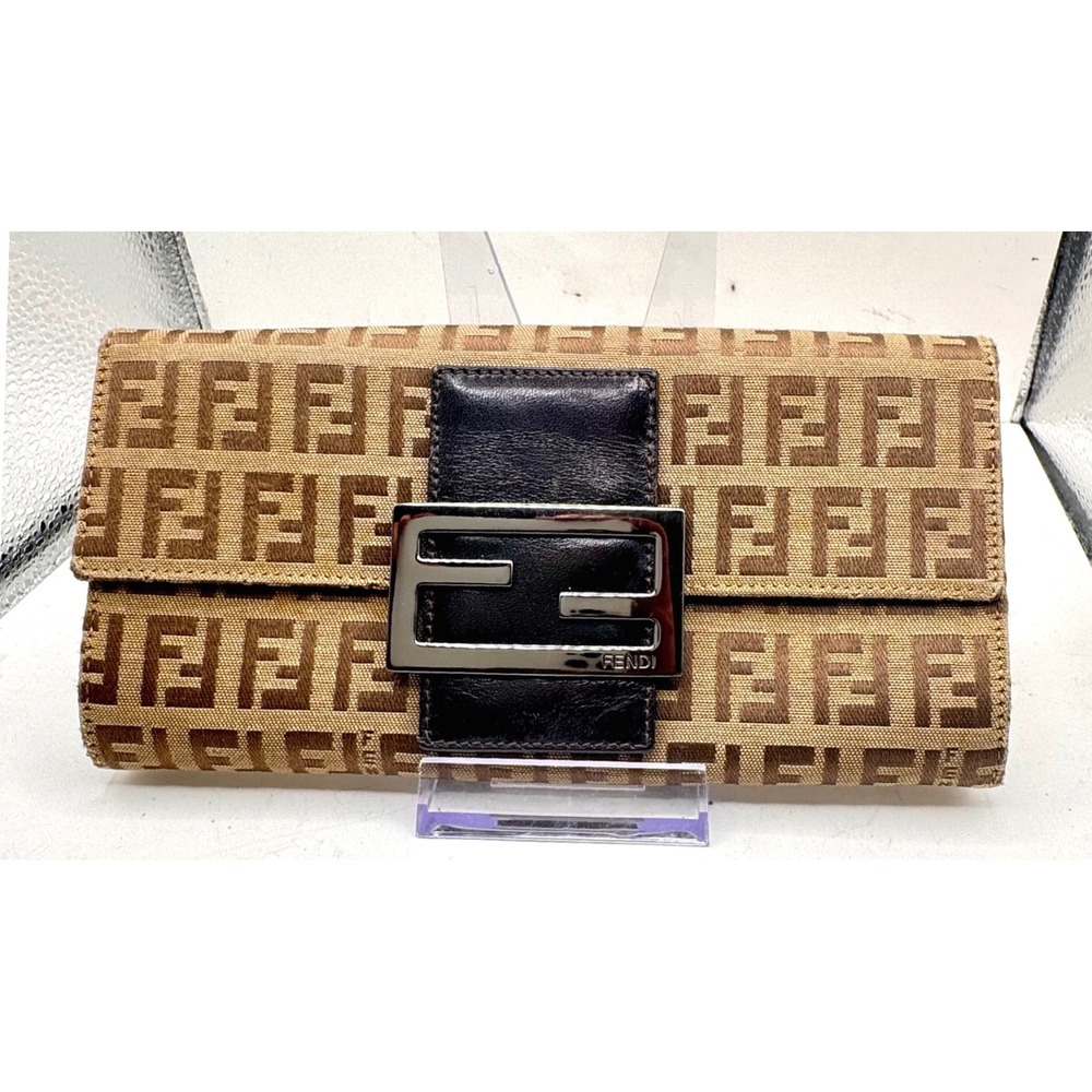 Vintage Fendi Zucca Canvas Brown Monogram FF Buckle Long Wallet GUC